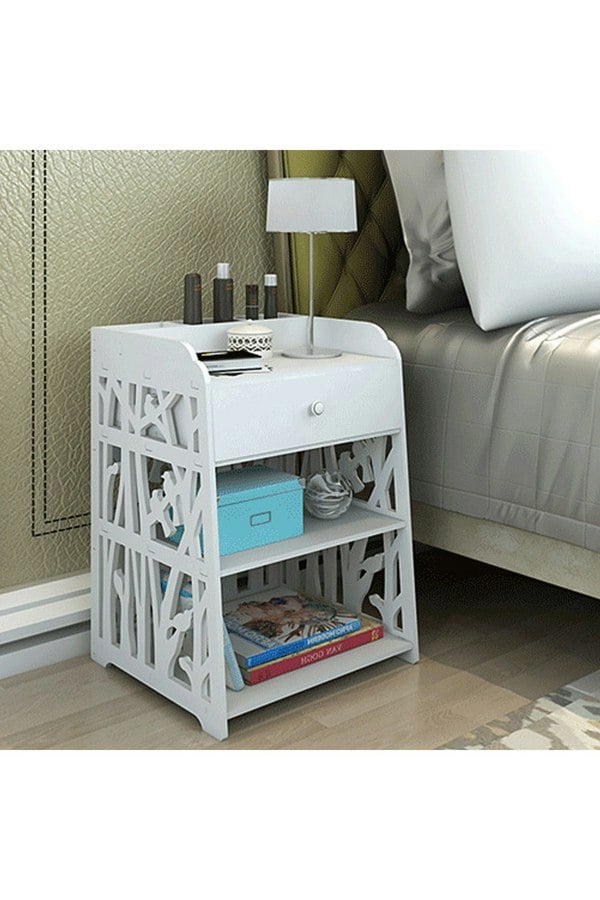 Living and Home Hollow Carved Bird Pattern Side Table Nightstand Shelf Bedroom Cabinet with Drawer