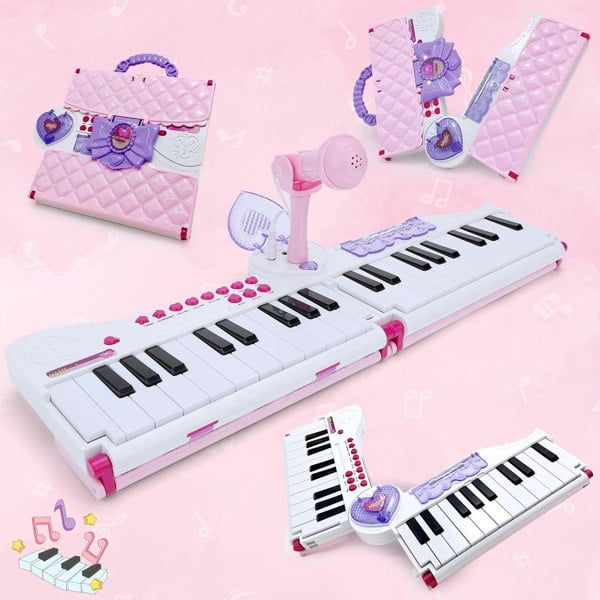 deAO Toys Pink Kids Musical Keyboard Toy with Microphone 40-Key Foldable Piano with Music Lights