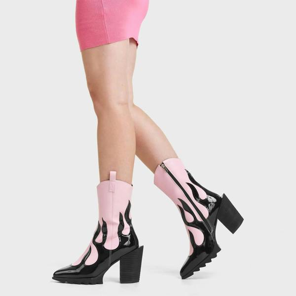Lamoda On Fire Ankle Boots PinkPU & Black Pattern Stylish Platform Heel