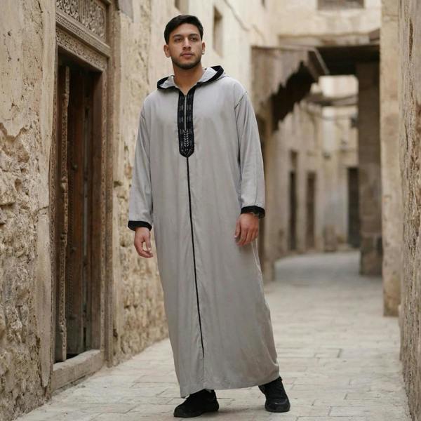 Men's Hooded Gandoura Embroidery Moroccan Thobe - Grey - Thobez - 15