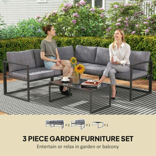 Wyld Haus Liketti Metal Grey 5 Seater L Shaped Garden Sofa Set With Cushions and Glass Table