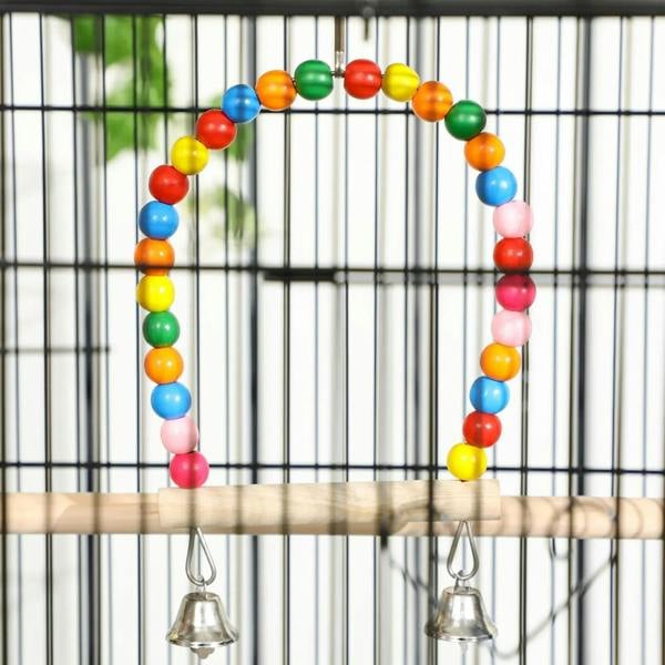 Bird cage toy set with colorful bead arches and two hanging bell charms