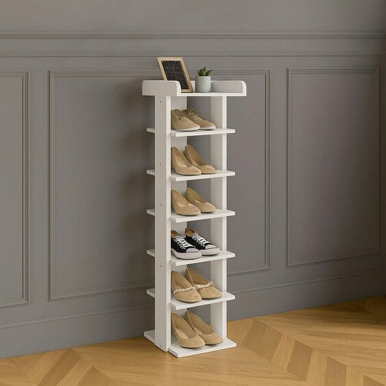 Neo White 7 Tier Wooden Shoe Rack Slim Narrow Storage Cabinet Space-Saving Entryway Bedroom Wardrobe