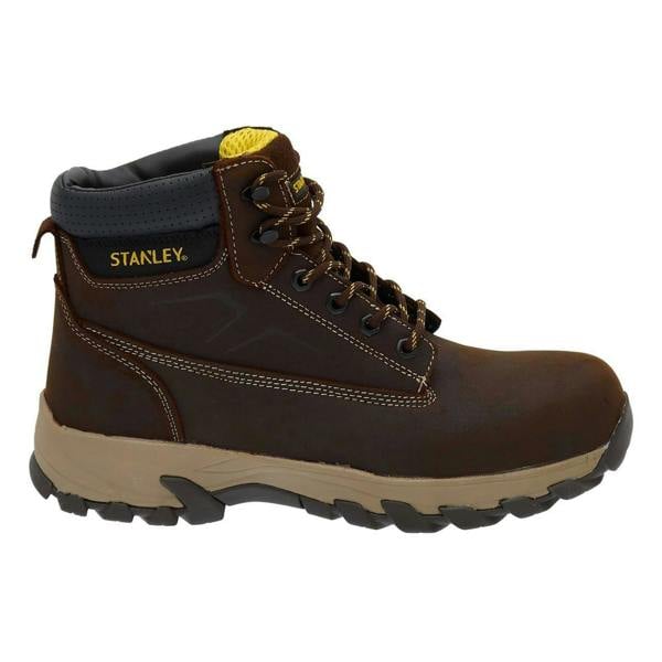 Stanley Tradesman Mens Steel Toe/Midsole Safety Work Boots, brown leather work boots with black and yellow accents, high ankle support, lace-up closure, and slip-resistant outsole.