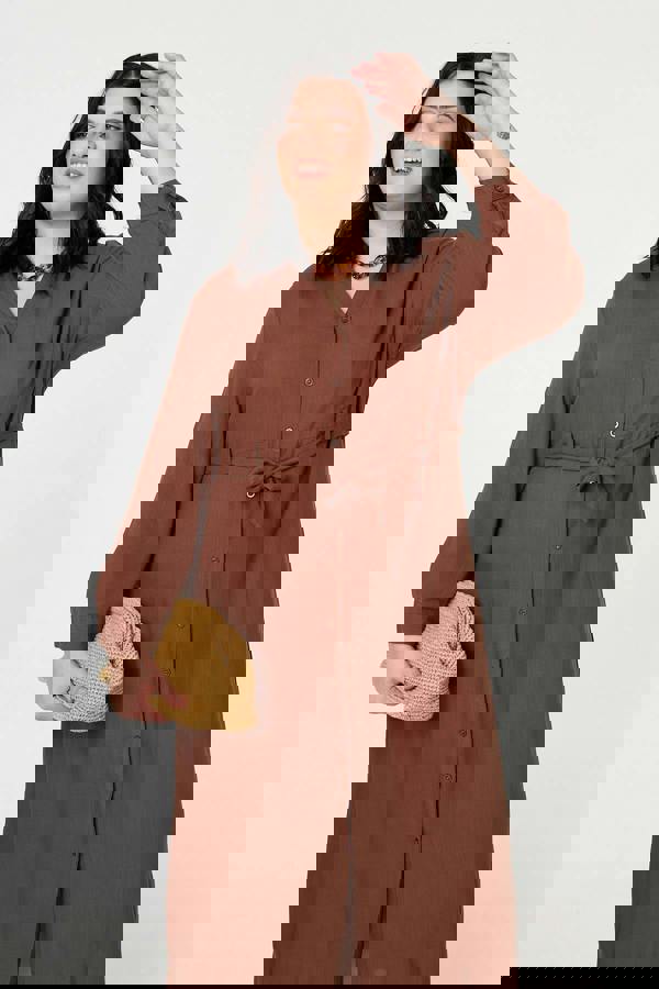 Brown | Curve Long Sleeve Tie Waist Maxi Dress