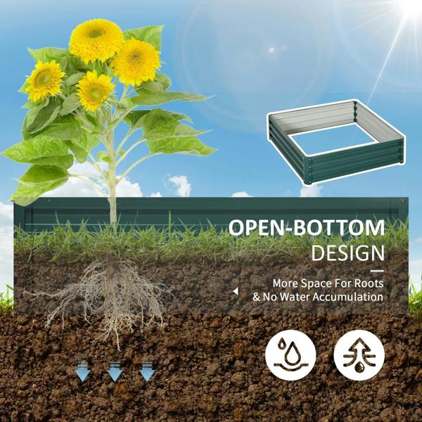 Green steel raised garden bed box shown over soil with open-bottom root space