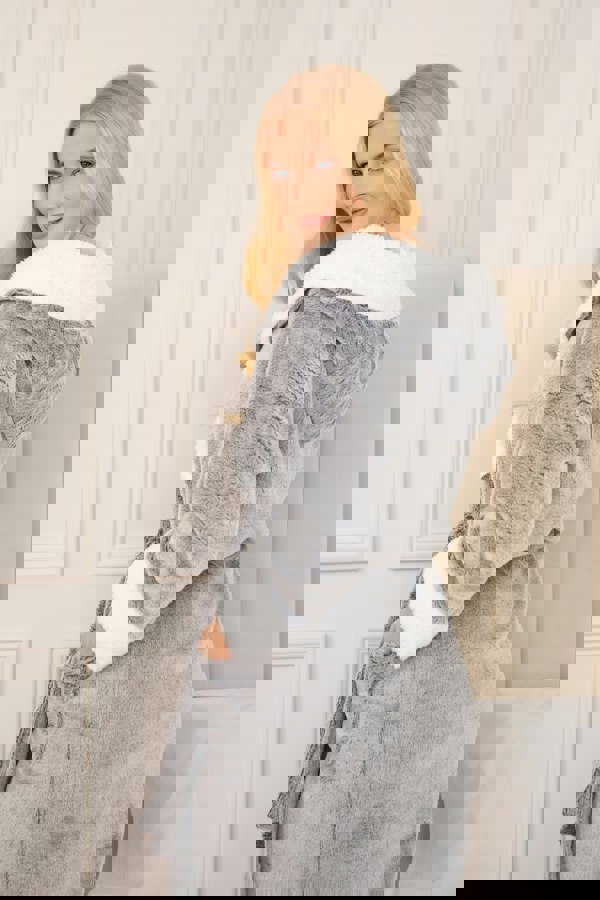 Camille Womens Dark Grey Deep Pile Full Length Fleece Bathrobe with Sherpa Lined Hood & Cuffs