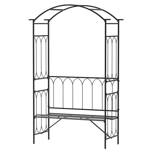 Wyld Haus Moretta Metal Black Garden Bench With Arched Trellis Frame For Climbing Plants 115 x 50 x 203 cm
