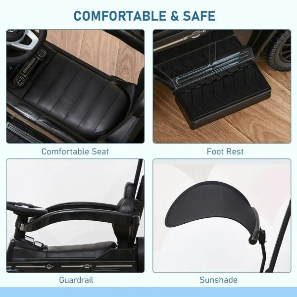 Black cushioned seat and footrest on kids ride-on push car
