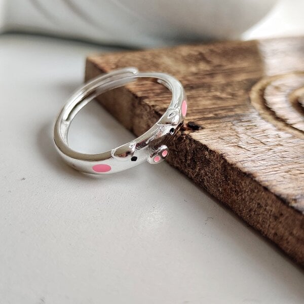 The Colourful Aura Pink Pig Minimalist Tiny Silver Adjustable Animal Slim Band Ring