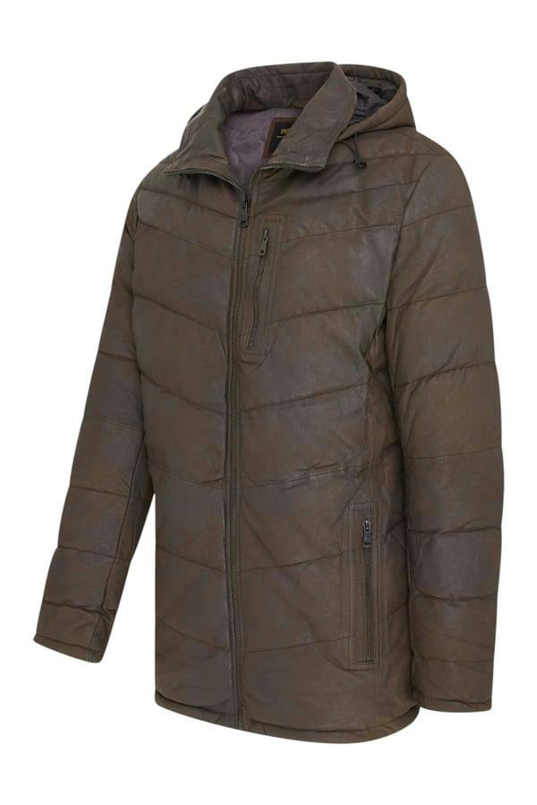 Infinity Leather Men's Leather Quilted Jacket Hooded Puffer Winter Coat - Olyic
