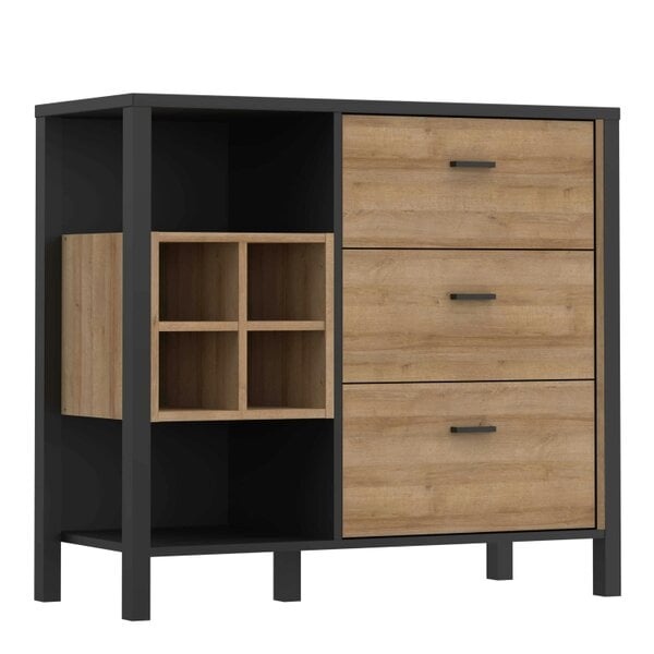Wyld Haus Yokohama Black and Natural Oak Wood 3 Drawer Display Chest Bar Cabinet
