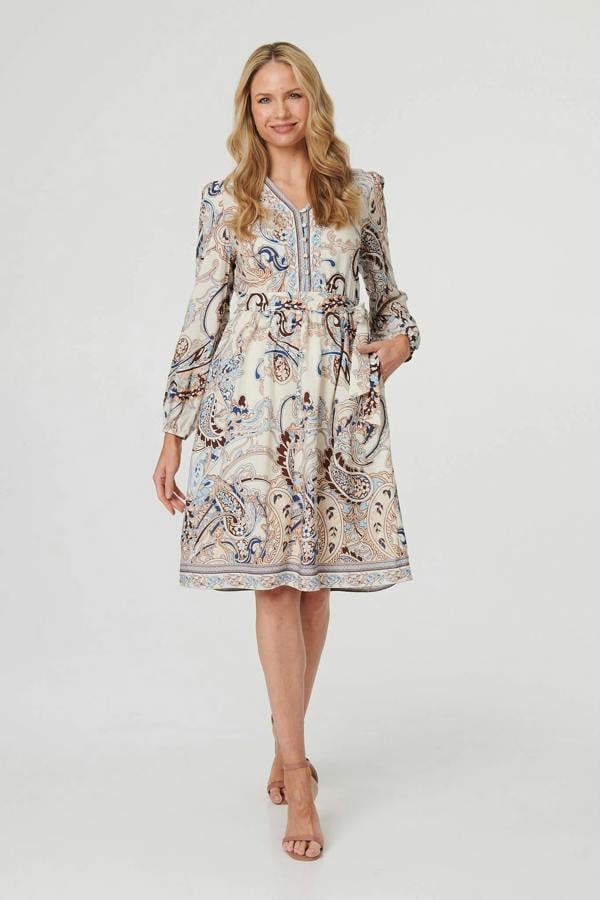 Blue | Abstract Tie Waist Knee Length Dress