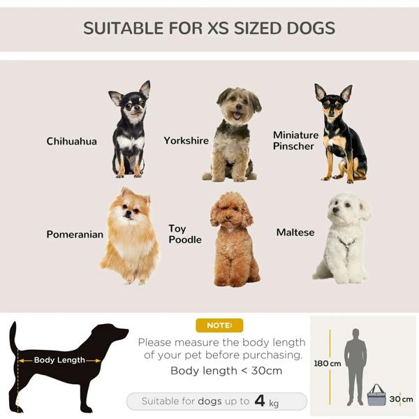 Grey pet carrier bag size guide for small dogs; compact travel kennel tote