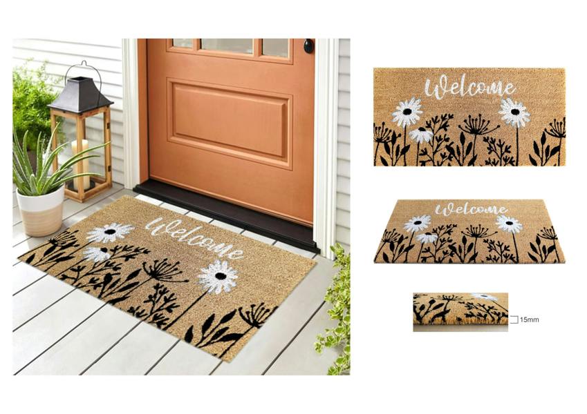 A.Unique Home 15mm Coir Doormat Non-Slip PVC Back - Welcome B&W 40x80cm