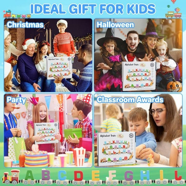 deAO Toys Wooden Alphabet Train Set – 27PCS Magnetic Train Cars A–Z, Montessori Educational Toy for Toddlers 3+, Early Learning & STEM Gift