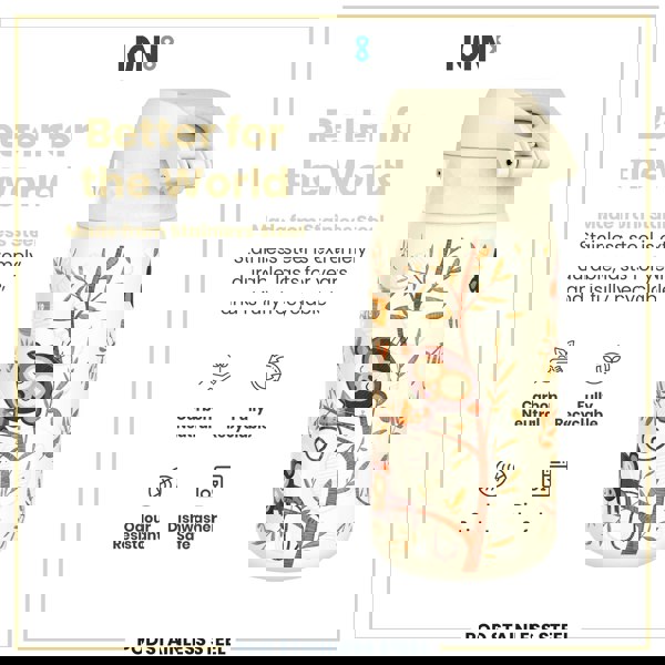 A stainless steel water bottle, featuring a whimsical monkey design, sits against a white background. The bottle is described as carbon neutral, fully recyclable, odour resistant, and dishwasher safe.
