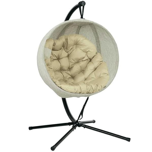 Khaki hanging egg chair with padded cushion and black curved stand base