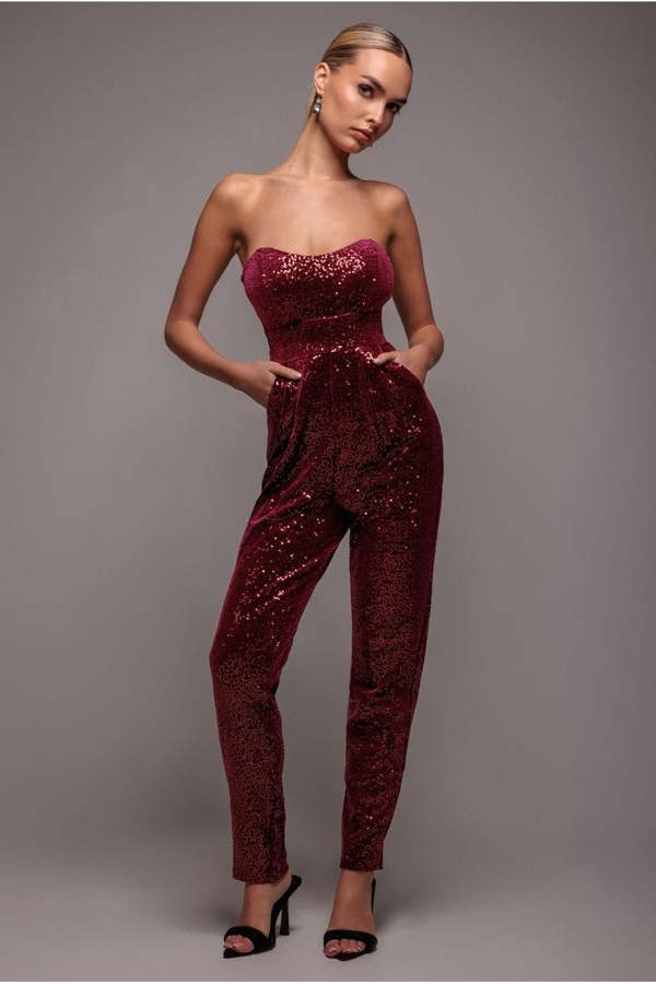 Sequin & Velvet Corset Jumpsuit - Wine TR365