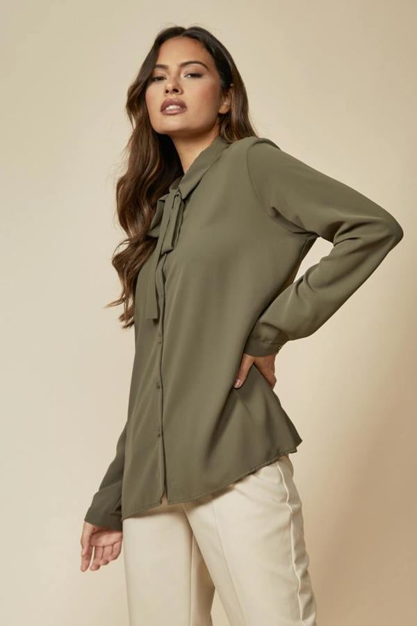 Hoxton Gal Oversized Belt Detailed Long Sleeves Shirt Top in Khaki