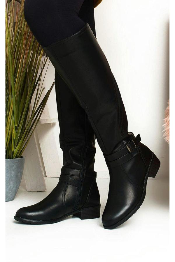 Nina Faux Leather Buckle Knee High Boots - Black