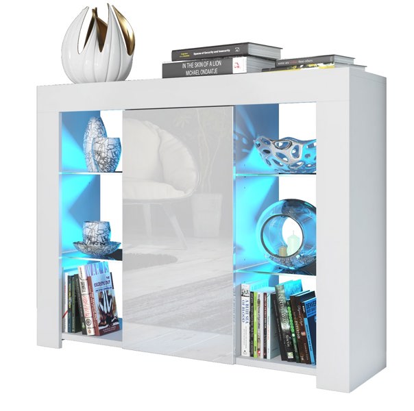 Mex Furniture 97.5cm TV Stand Sideboard – White Gloss Doors with Free LED