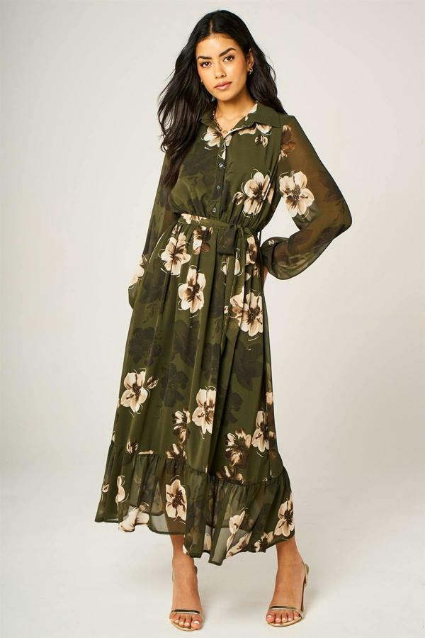 FS Collection Large Floral Print Hem Detail Shirt Midi Dress With Tie Waist In Olive Green