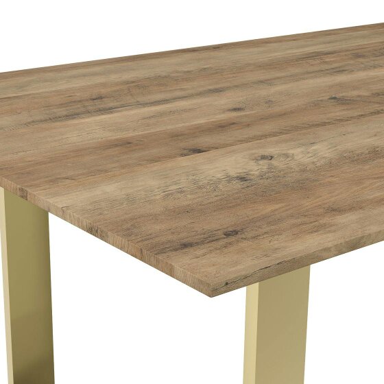 Wyld Haus Sazzuma Rectangular Wooden Dining Table Industrial Brass Metal Legs