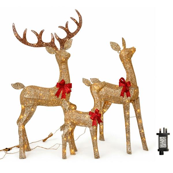 Samuel Alexander Set of 3 Gold Glitter Light Up Reindeer Family with 210 Warm White LEDs & Timer