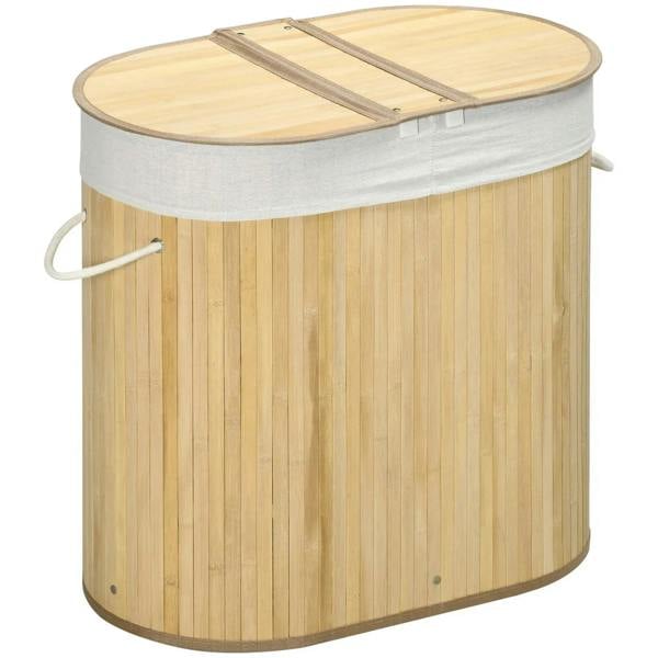 Natural bamboo laundry hamper with round lid and light gray removable liner