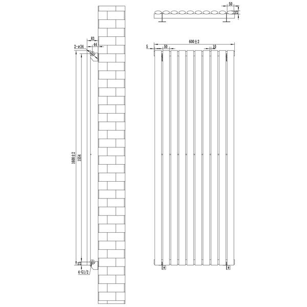 Oval single column radiator in anthracite grey, measuring 1600mm x 600mm, showcasing sleek vertical lines and modern design details