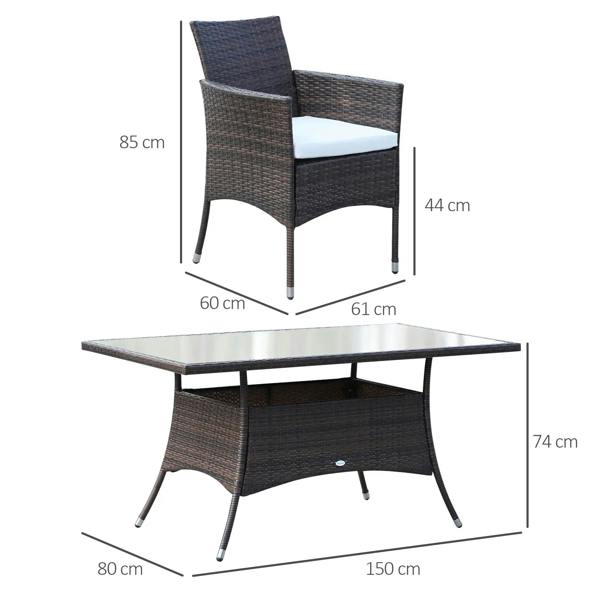 Brown rattan armchair and rectangular glass dining table with size dimensions