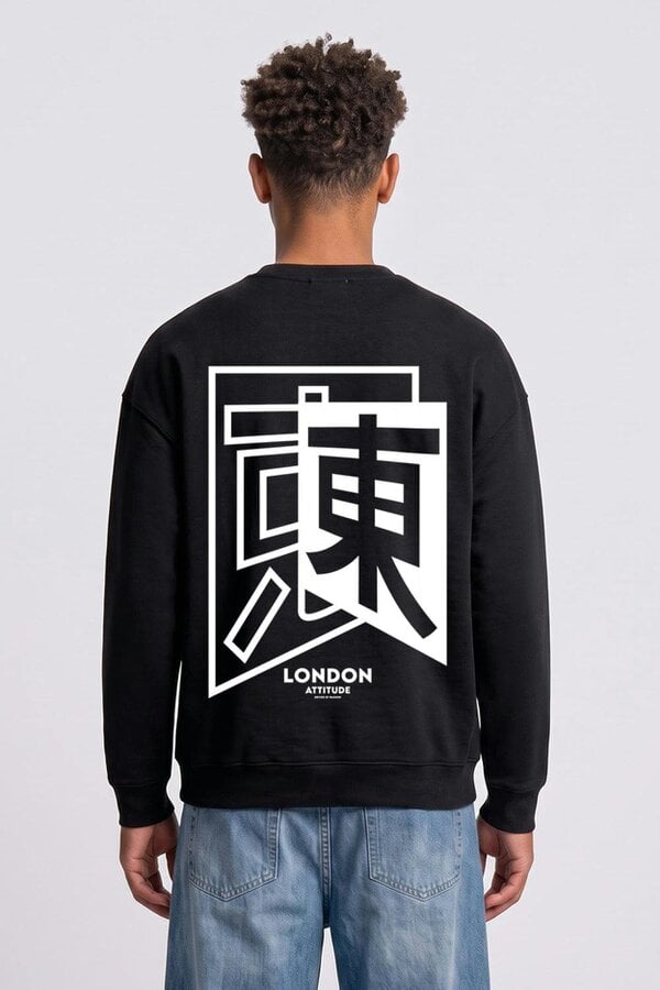 London Attitude Oversized Japanese Inspired Graphic Sweatshirt in Black