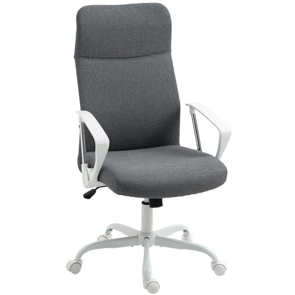 Grey fabric high-back office chair with padded arms and white five-caster base