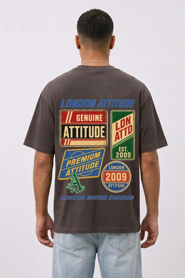 London Attitude Oversized  Vintage Motorsport Back Print T-Shirt - Dark Chocolate