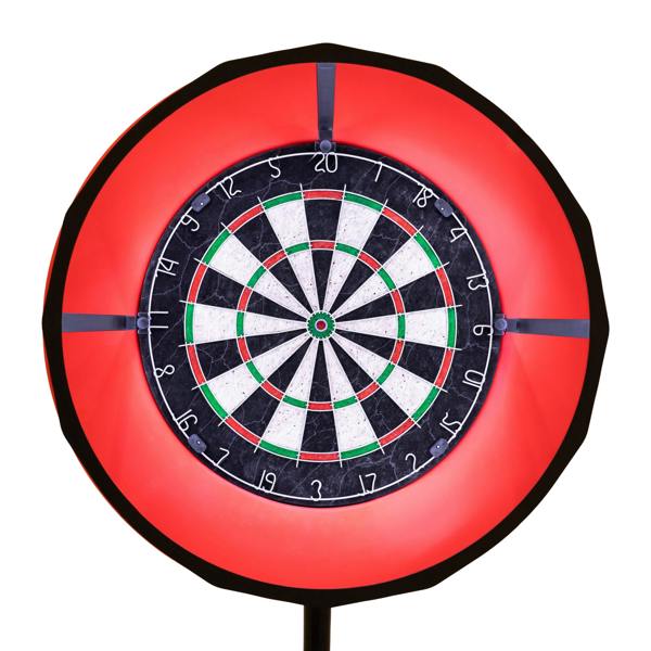 Bright red LED ring light illuminating a dartboard, enhancing visibility of the numbered sections and bullseye for optimal gameplay
