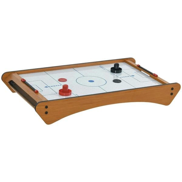Wooden tabletop air hockey game table with pushers and scoring pucks