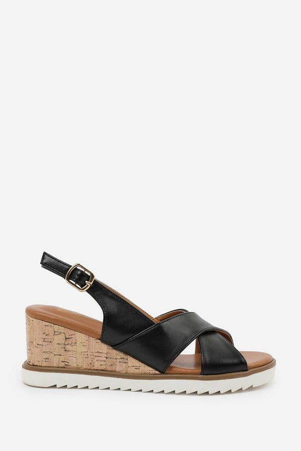 Where's That From Qween Cross Over Strap Detail Wedge Shoes With Buckle Closure in Black Pu