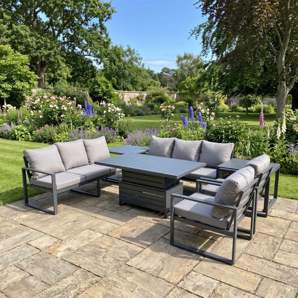 Fimous 8 Seater Aluminium Garden Furniture Set with Adjustable Rising Dining Table, 2 Chairs, 2 Side Tables - Dark Grey