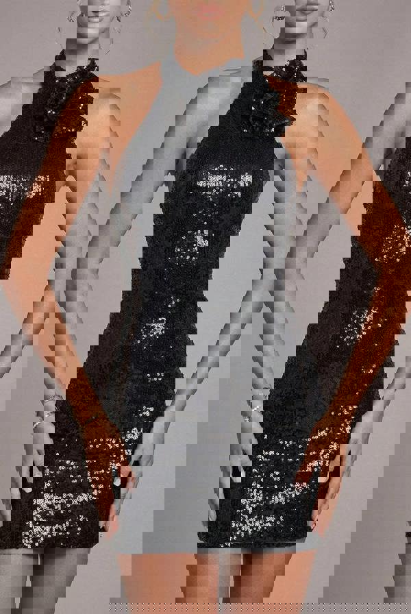 Liquid Sequin Halterneck Mini Dress With Corsage - Black DR4125