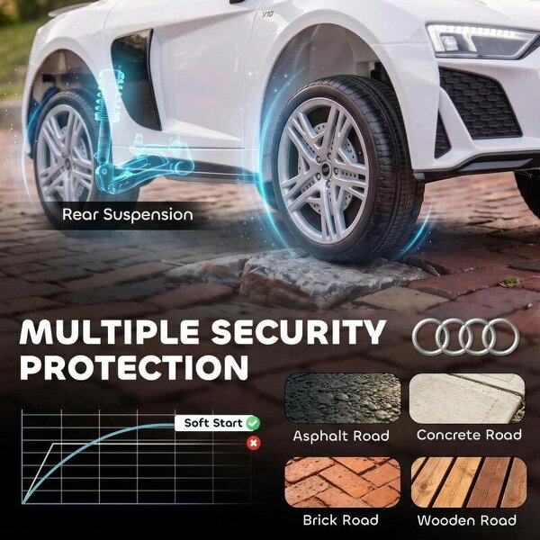 Licensed Audi R8 Spyder 12V Electric Car for Kids with Remote Control, Dual Motors, Rear Suspension, Soft Start, White