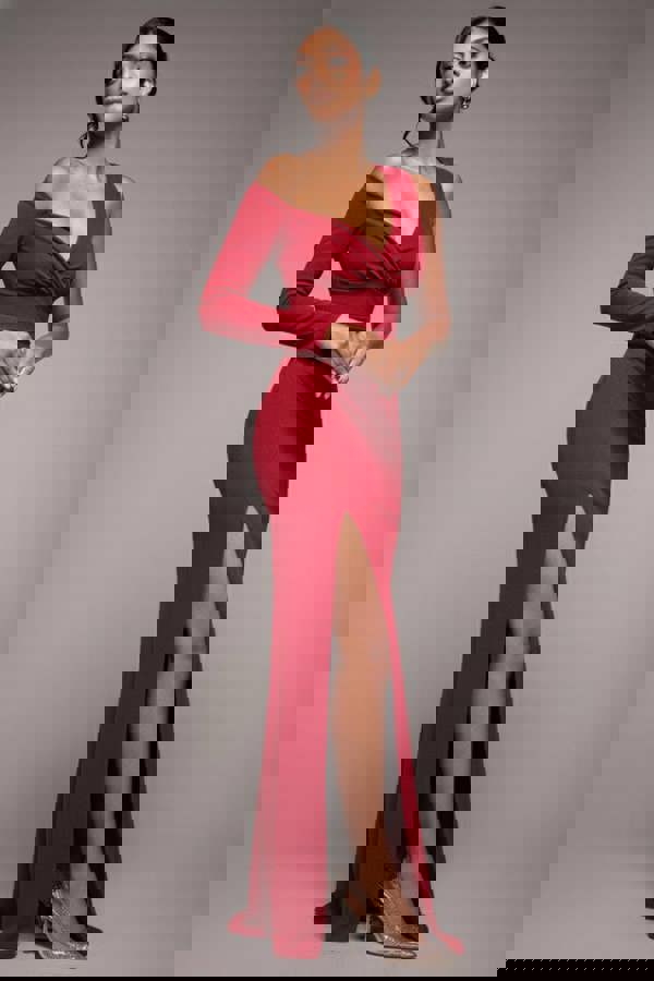 One Shoulder Front Split Scuba Maxi - Wine DR3518