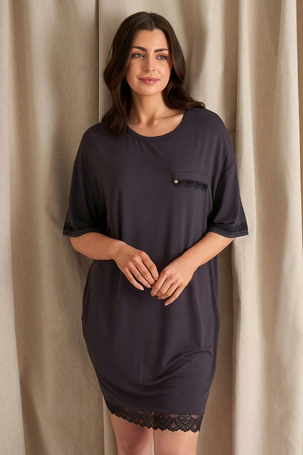 Pretty You London Women's Bamboo Lace Tee Dress in Raven
