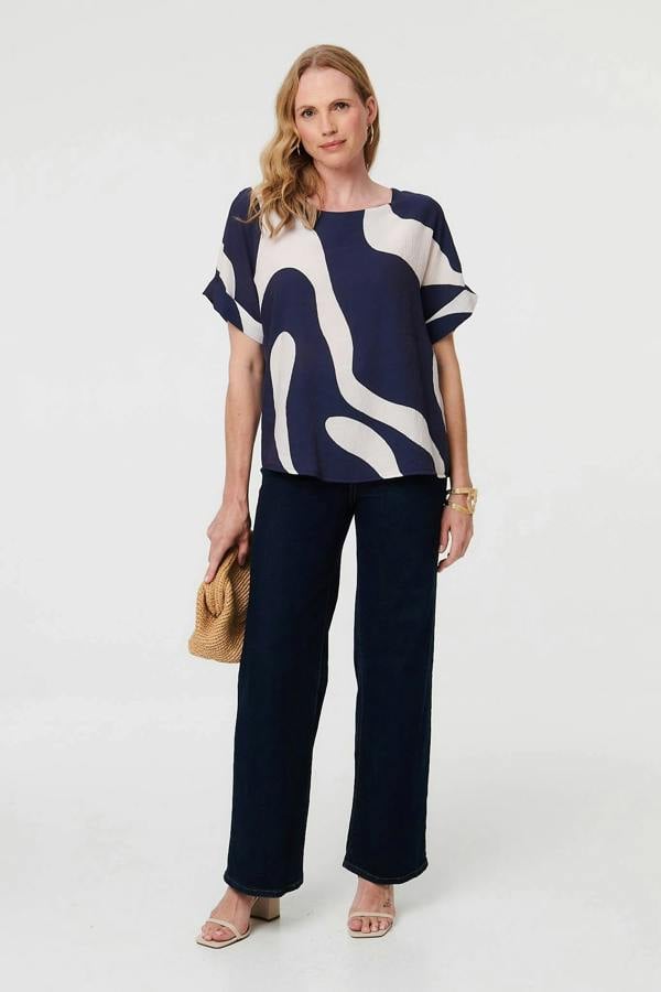 Navy | Abstract Short Sleeve Relaxed Blouse