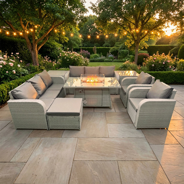 Fimous 9 Seater Rattan High Back Lounge Sofa Set with Fire Pit Dining Table, 2 Reclining Chairs, 2 Sofas, 1 Footstool & 2 Side Tables - Light Grey