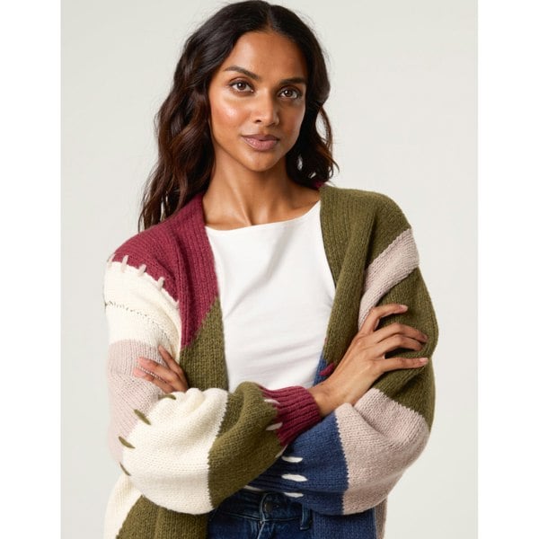 Blue Vanilla Blanket Stitch Detailed Colourblock Cardigan