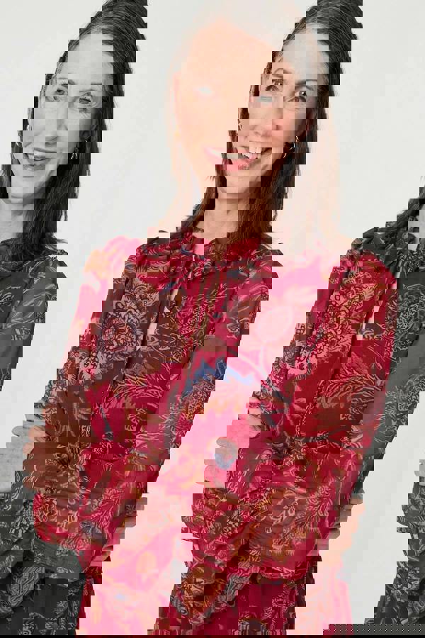 Red | Printed Frill Trim Knee Length Dress