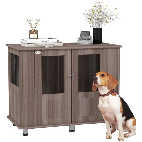 Wood dog crate table with front magnetic door opening and side vent panels