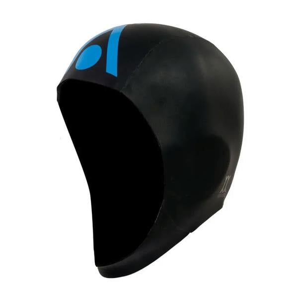 Black silicone Aquaskin open water hood with blue logo and stripe
