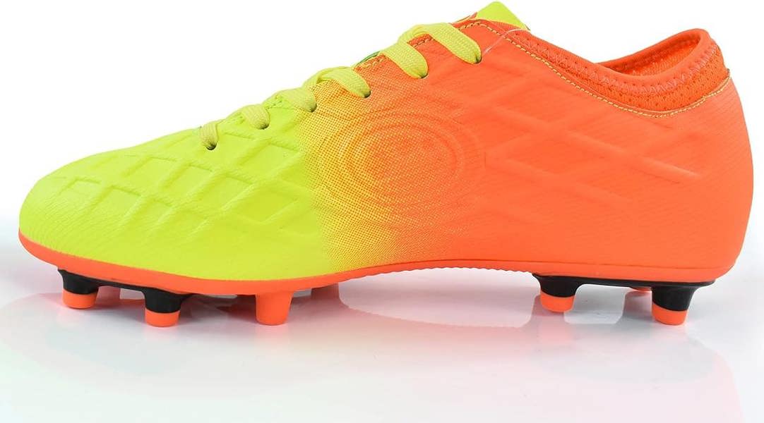 Fluro yellow and orange Optimum Ignisio football boot, inner side view with moulded studs, on white - Optimum